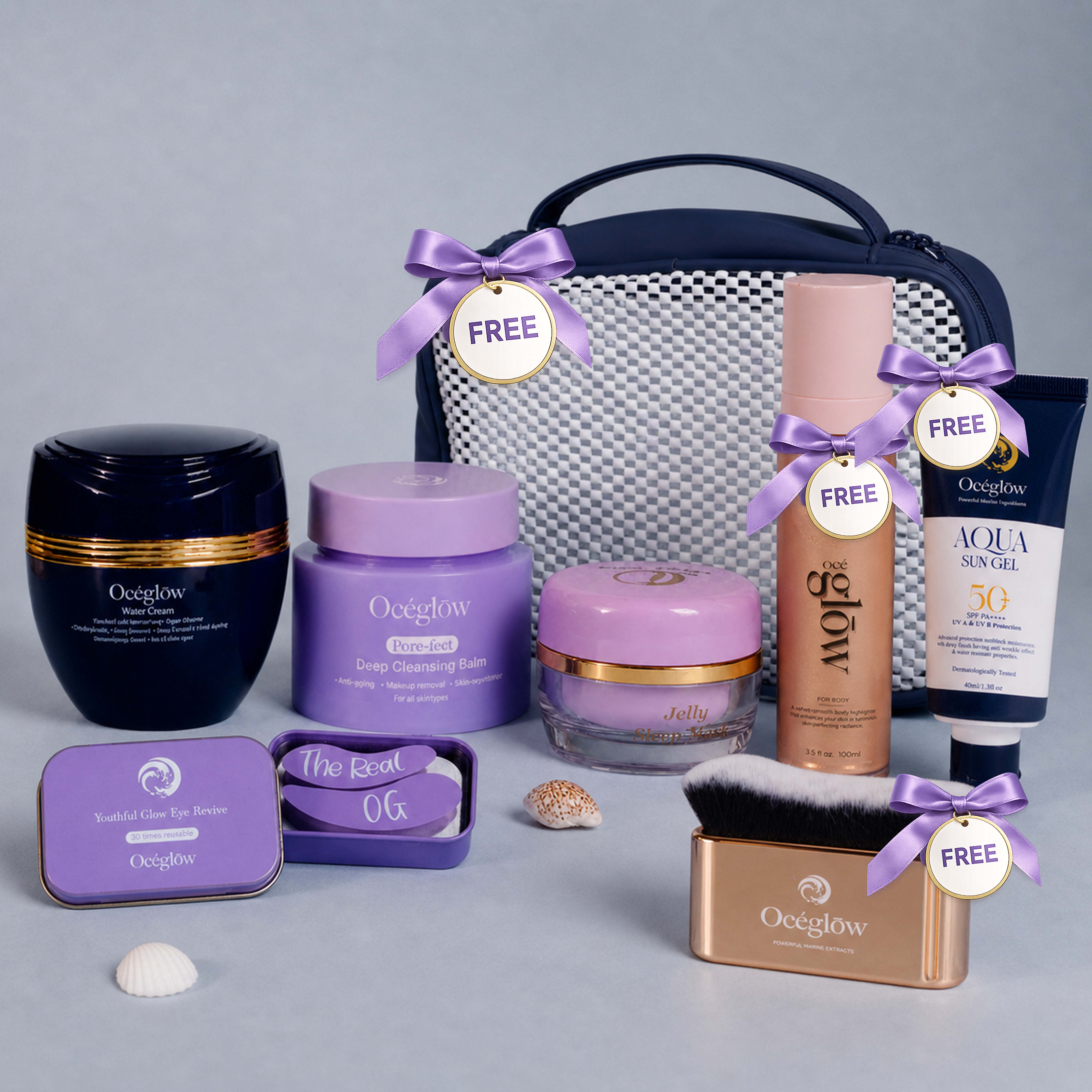 Buy 4 get 4 FREE (Cleansing Balm + Water Cream + Jelly Mask+ Under Eye Patch) (Get Free Body Highlighter +Aqua sun gel + Kabuki Brush + Free Bag)