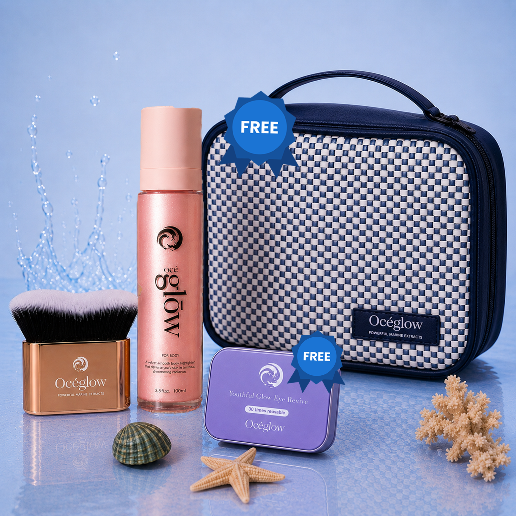 Buy 2 Get 2 Océglow Body Highlighter + kabuki brush ( Get Free eye patch + Bag )
