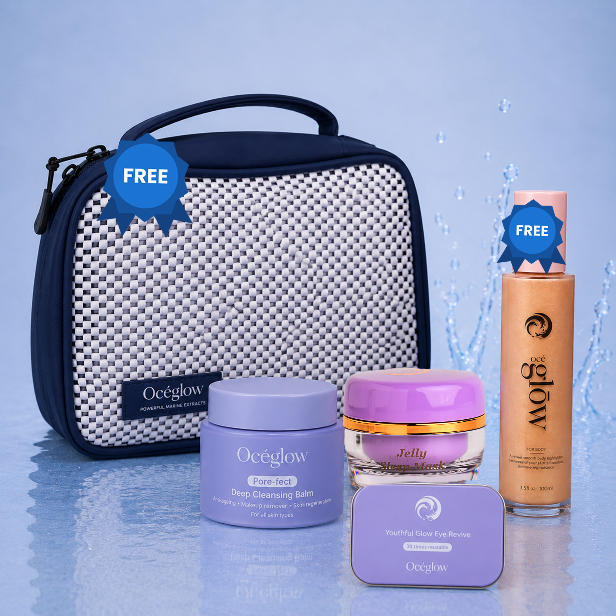 Nighttime skincare( Cleansing Balm + Sleeping Jelly Mask + Under Eye Patch) Free Body Highlighter + Bag