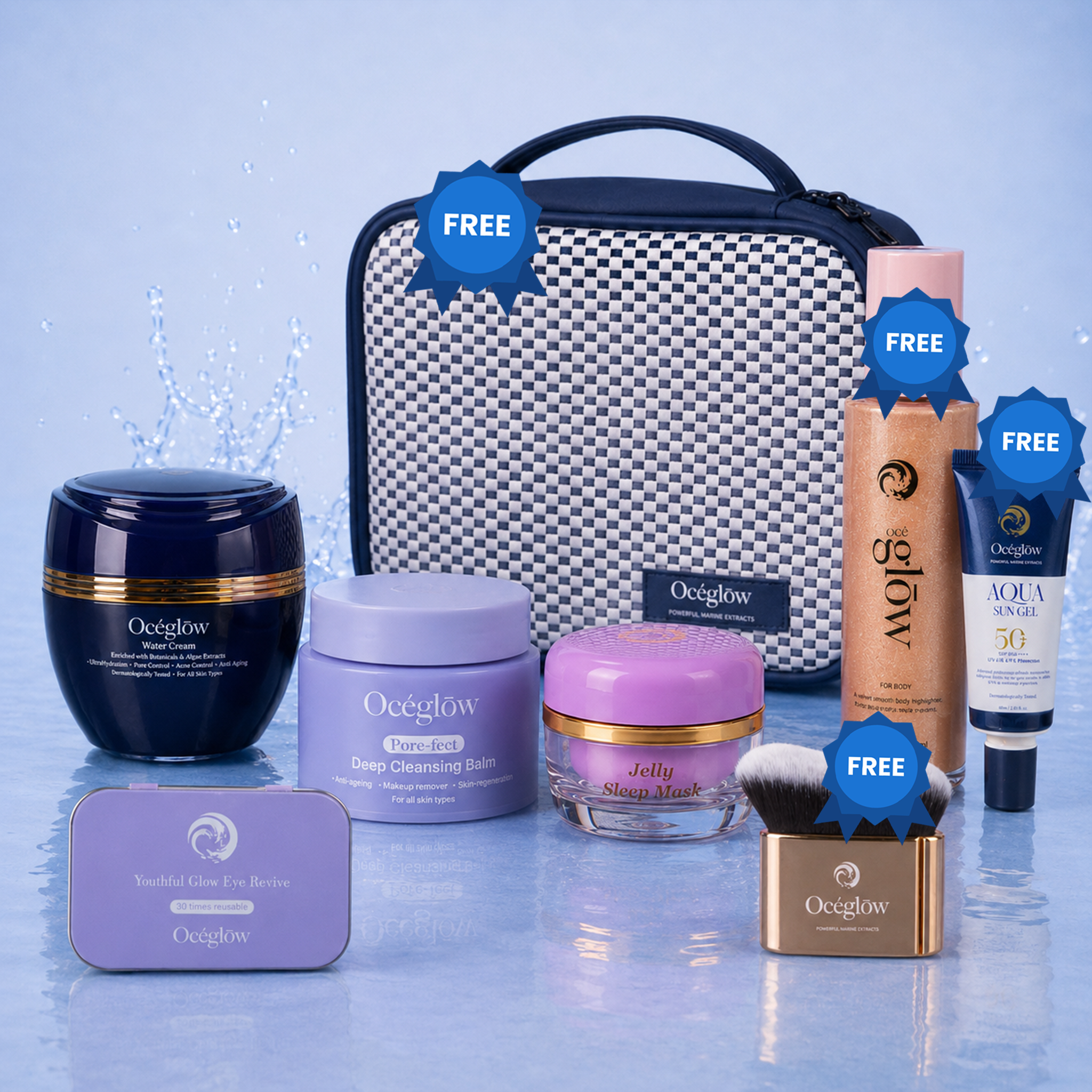 Buy 4 get 4 FREE (Cleansing Balm + Water Cream + Jelly Mask+ Under Eye Patch) (Get Free Gold Body Highlighter +Aqua sun gel + Kabuki Brush + Free Bag)