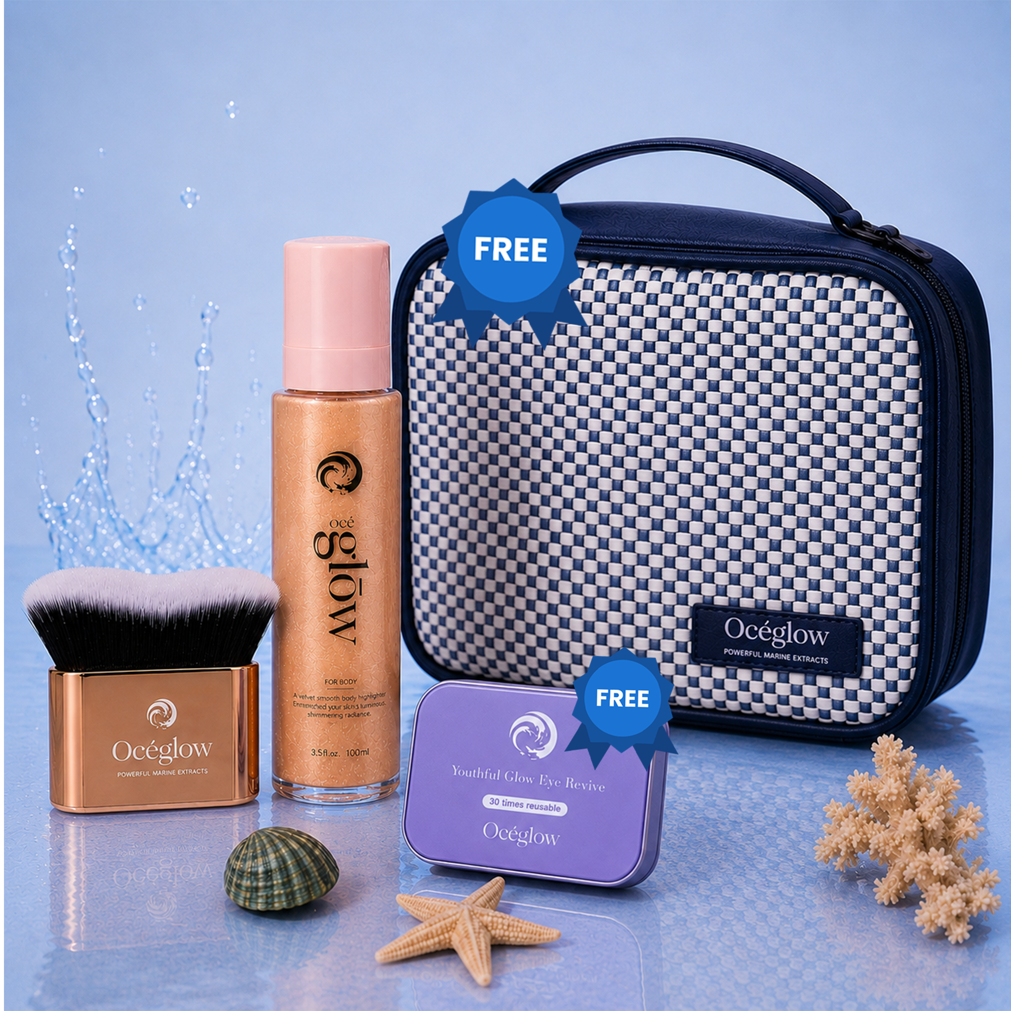 Buy 2 Get 2 Océglow Body Highlighter + kabuki brush ( Get Free eye patch + Bag )