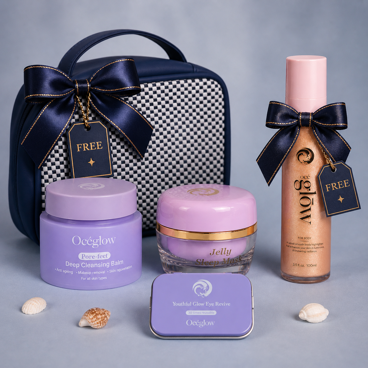 Nighttime skincare( Cleansing Balm + Sleeping Jelly Mask + Under Eye Patch) Free Body Highlighter + Bag