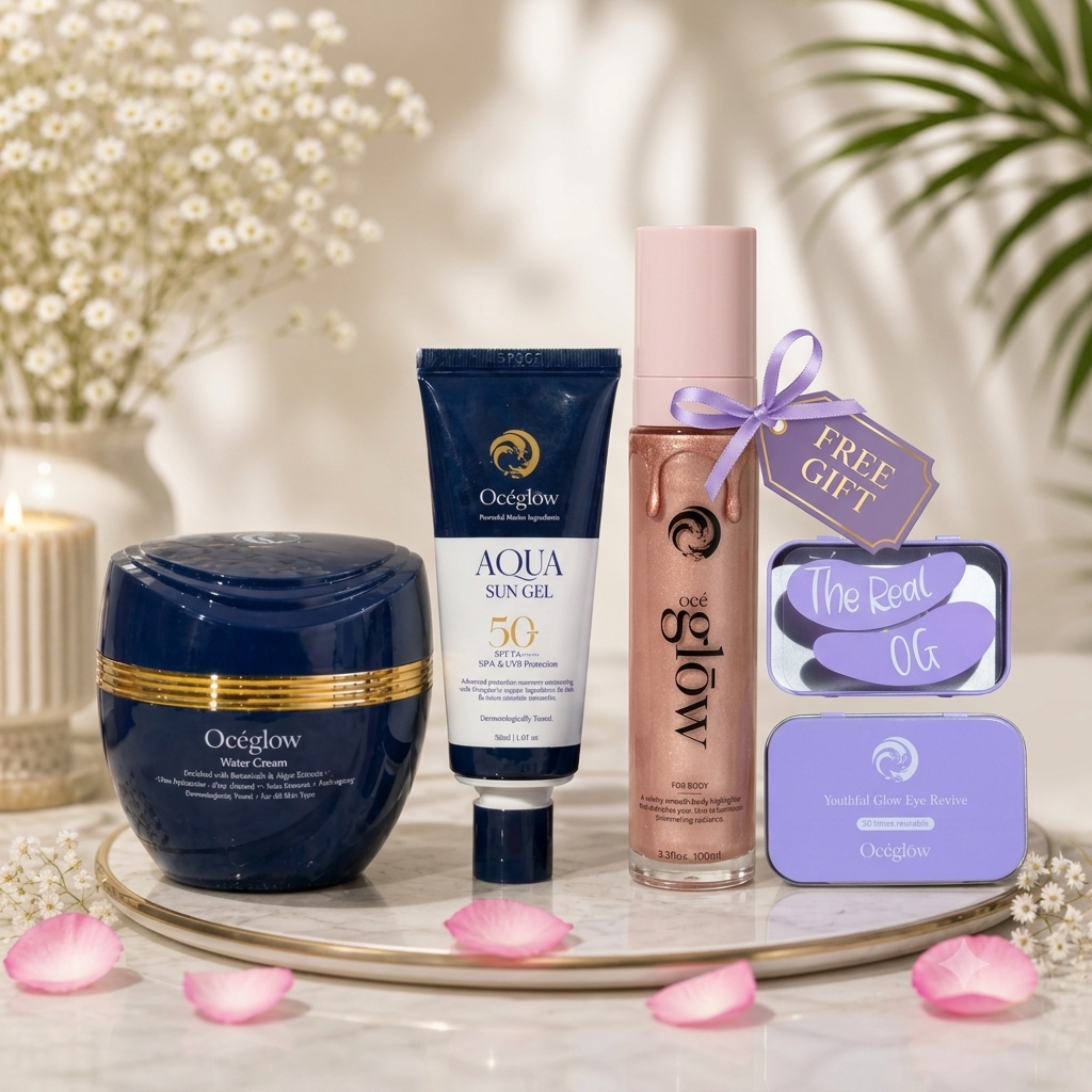 HydraGlow(Water Cream + Aqua Sun Gel) Get Free Eye Patch + Pink Body Highlighter