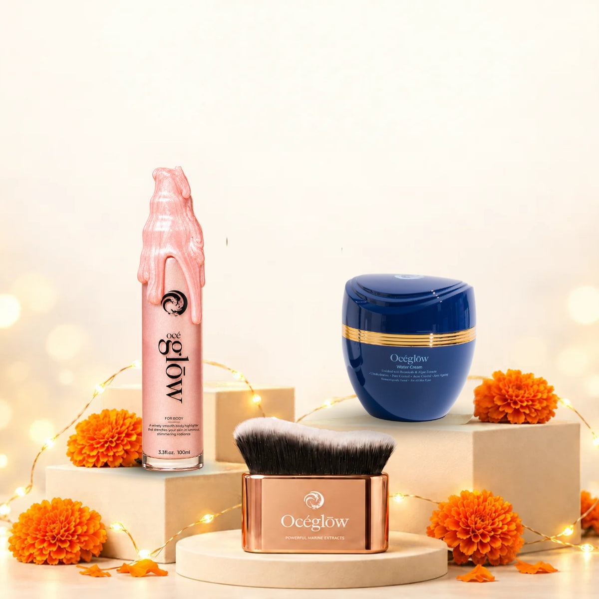 Water Cream + Pink Body Highlighter + Kabuki Brush